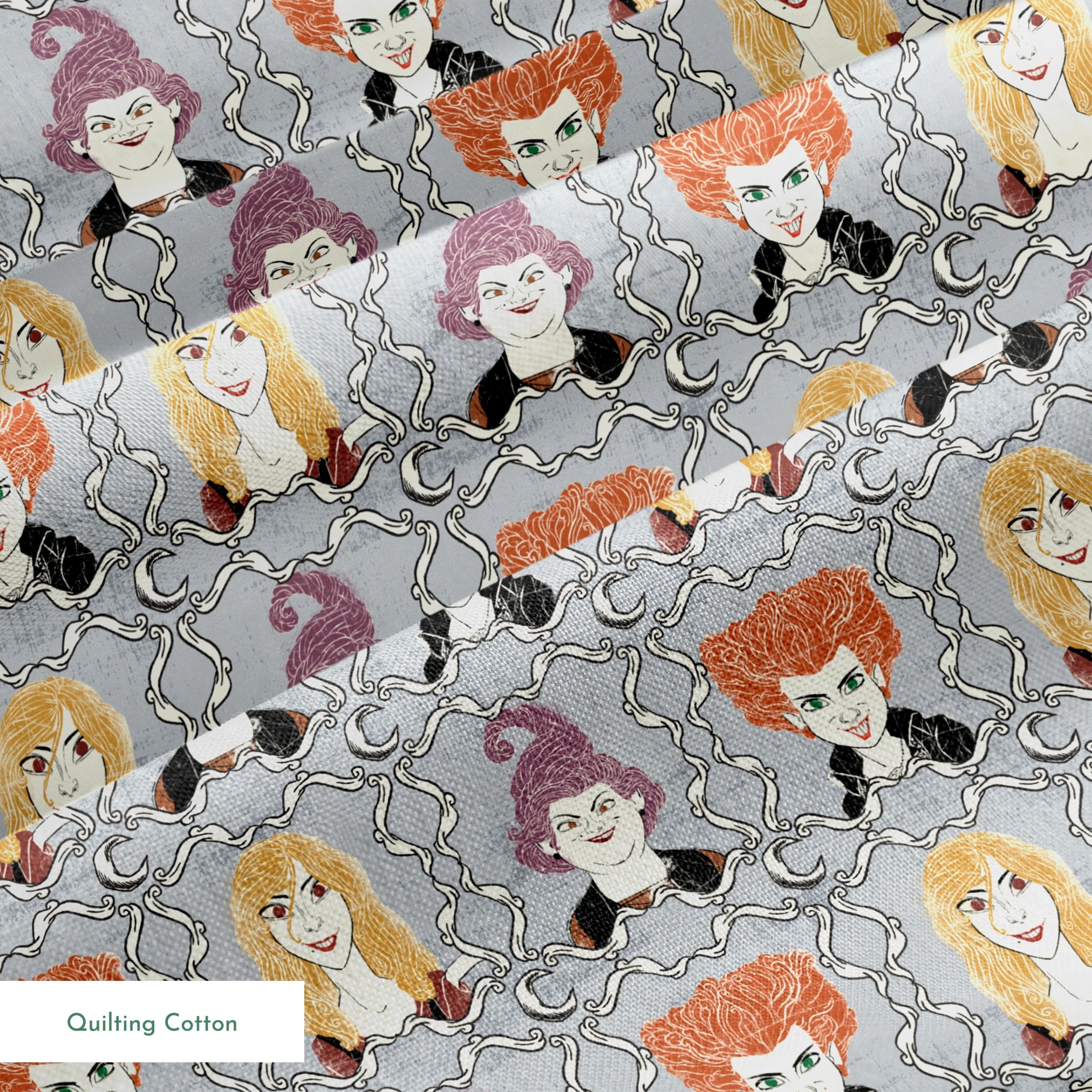 Illustrated portraits of fantasy characters with wild orange, blonde, and purple hair on gray patterned background springs quiltingcotton texture