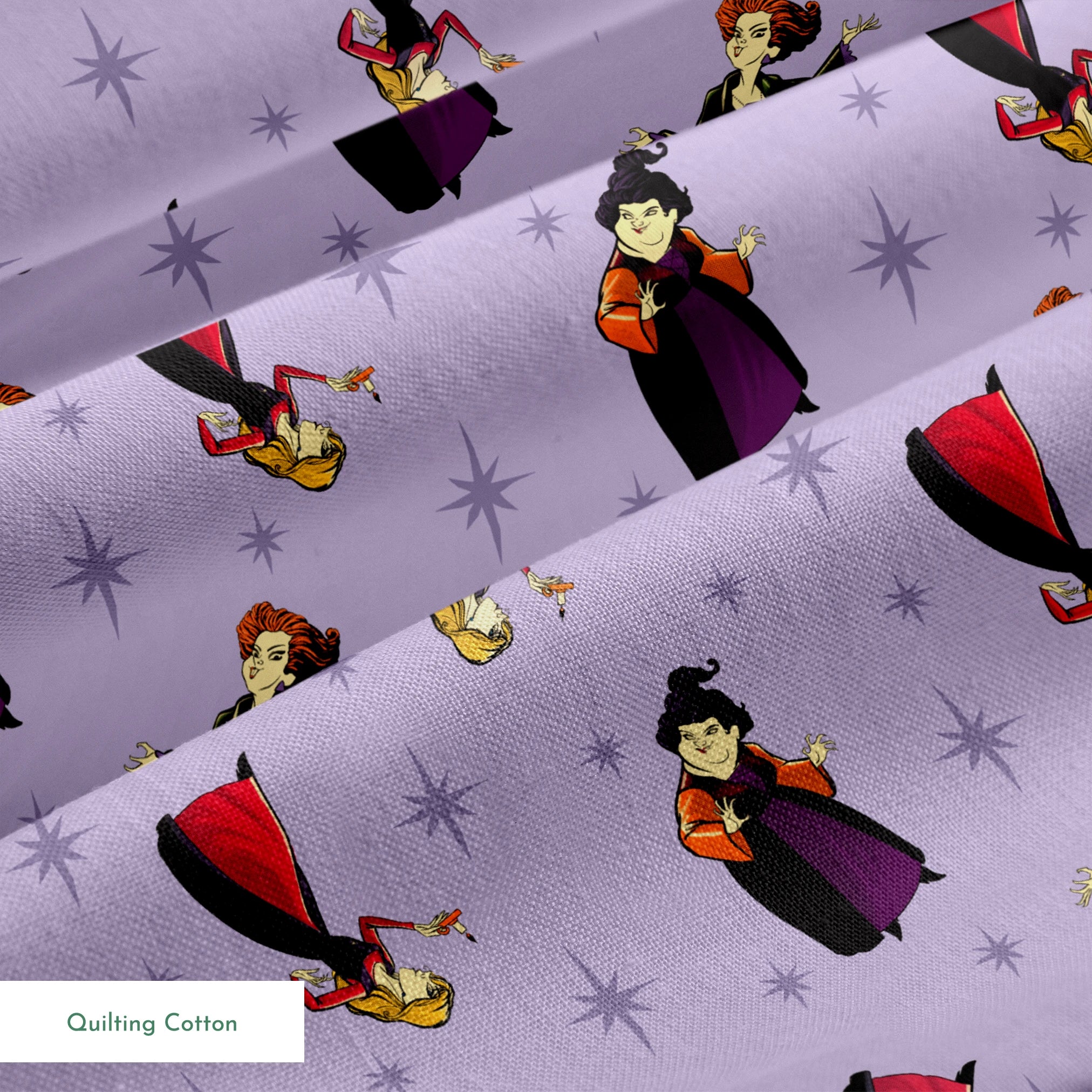 Purple background with cartoon characters in flowing capes and dresses with stars pattern, repeating decorative design springs quiltingcotton texture