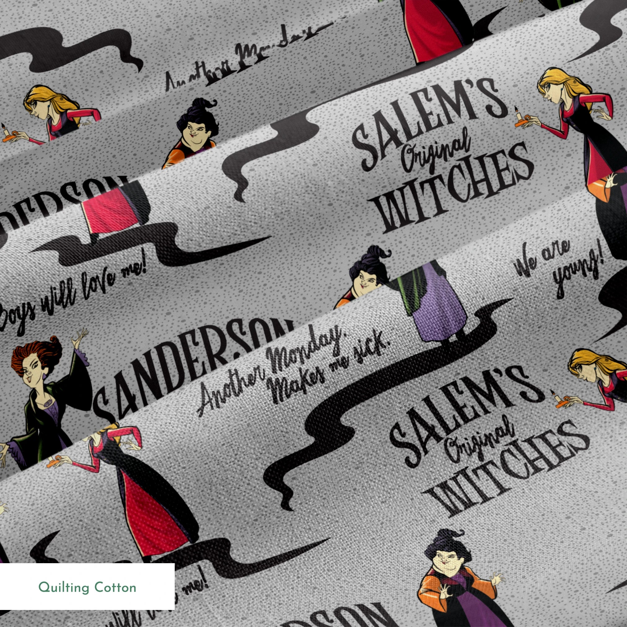Sanderson Sisters pattern from Hocus Pocus with cartoon witches in purple and red dresses on gray background springs quiltingcotton texture