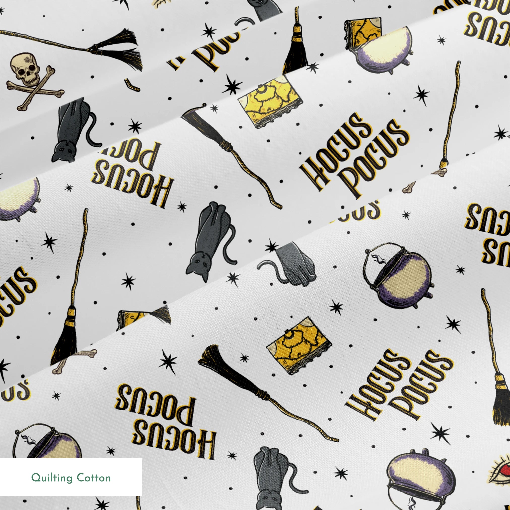 Repeating pattern of witchcraft items with "Hocus Pocus" text, cauldrons, brooms, and mystical symbols on white background springs quiltingcotton texture