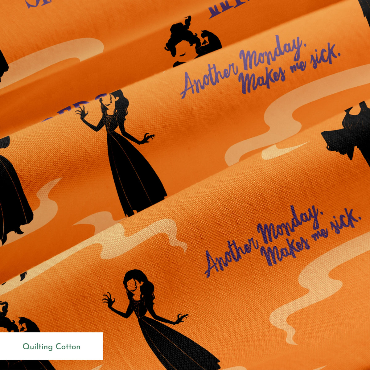 Orange background with silhouettes of witches in black robes and text "Sanderson Sisters" and "Salem's" in blue lettering springs quiltingcotton texture