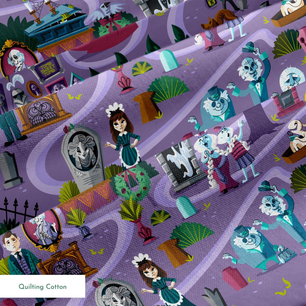 Colorful cartoon map of a spooky Halloween town with purple paths, ghosts, skeletons, and haunted houses. springs quiltingcotton texture