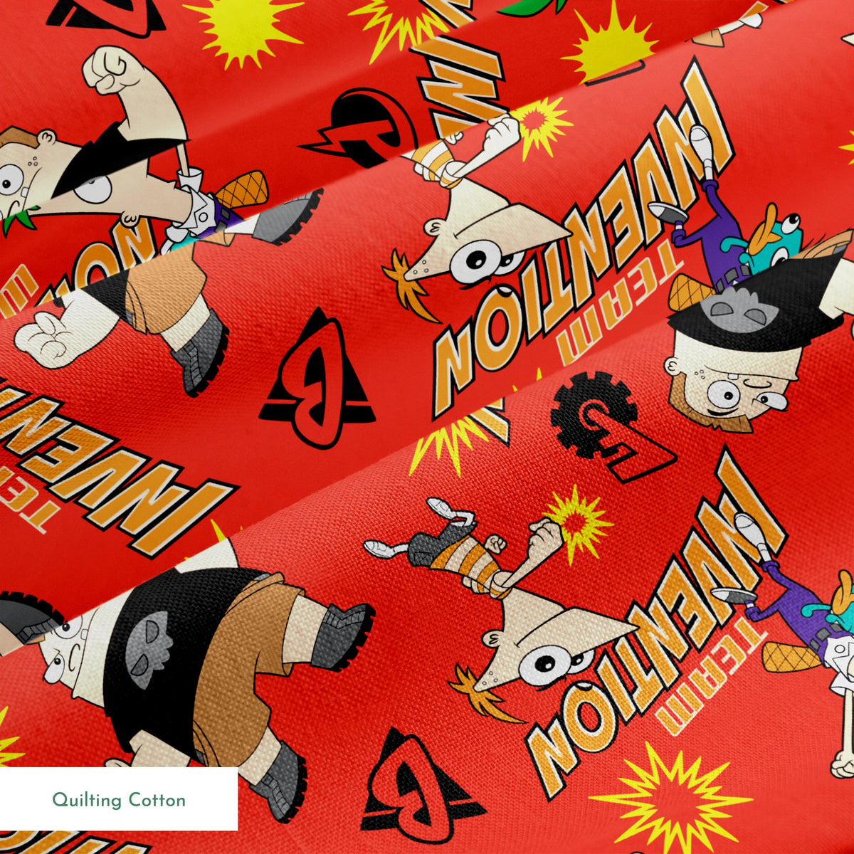 Red background pattern with Phineas and Ferb, text reading "Invention" and "McTheim", yellow starbursts, and comic-style design elements springs quiltingcotton texture