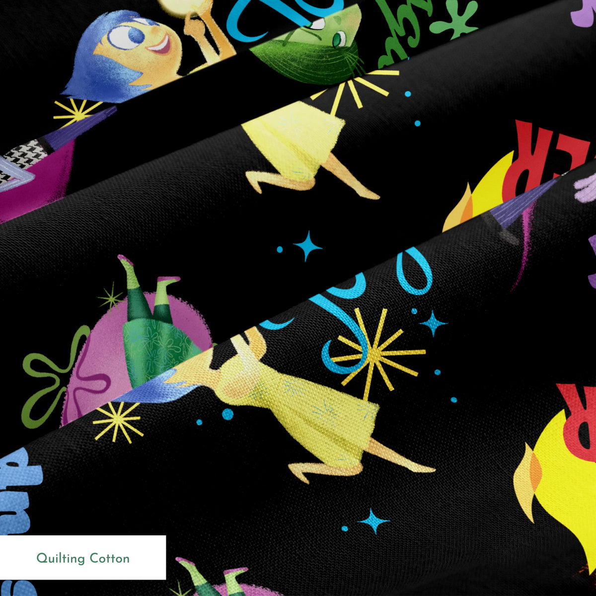 Colorful Pixar pattern on black background with Inside Out characters and emotion words like "Fear springs quiltingcotton texture
