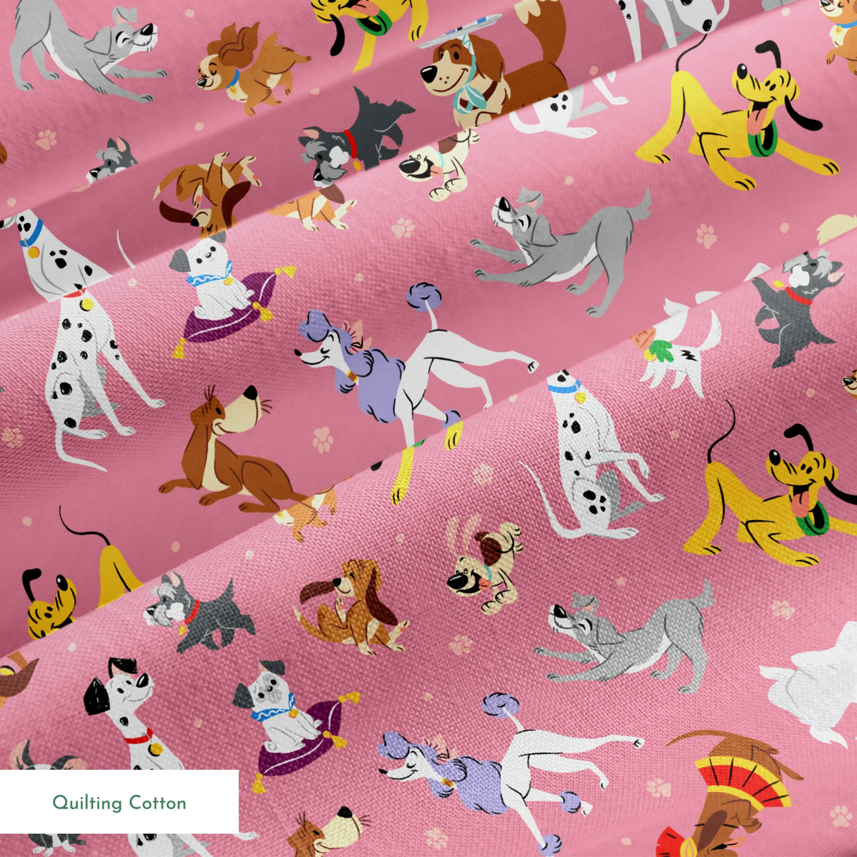 Colorful dog pattern with various cartoon breeds on pink background including dalmatians, terriers, and dachshunds springs quiltingcotton texture