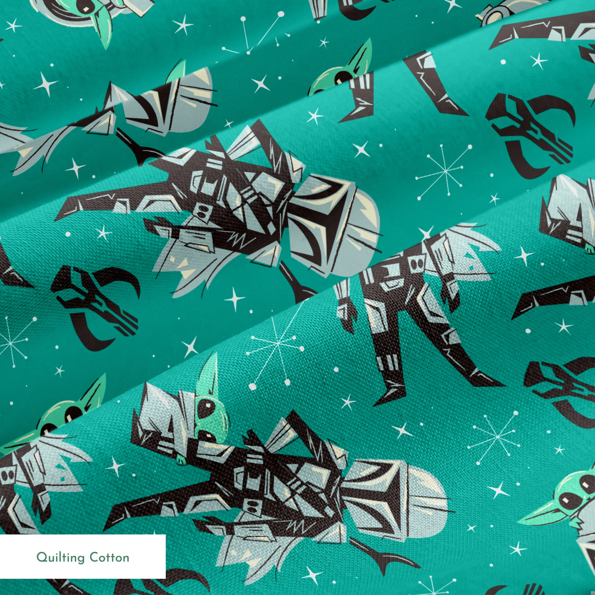Cartoon-style Star Wars pattern with Baby Yoda and Mandalorian figures on teal background with stars springs quiltingcotton texture