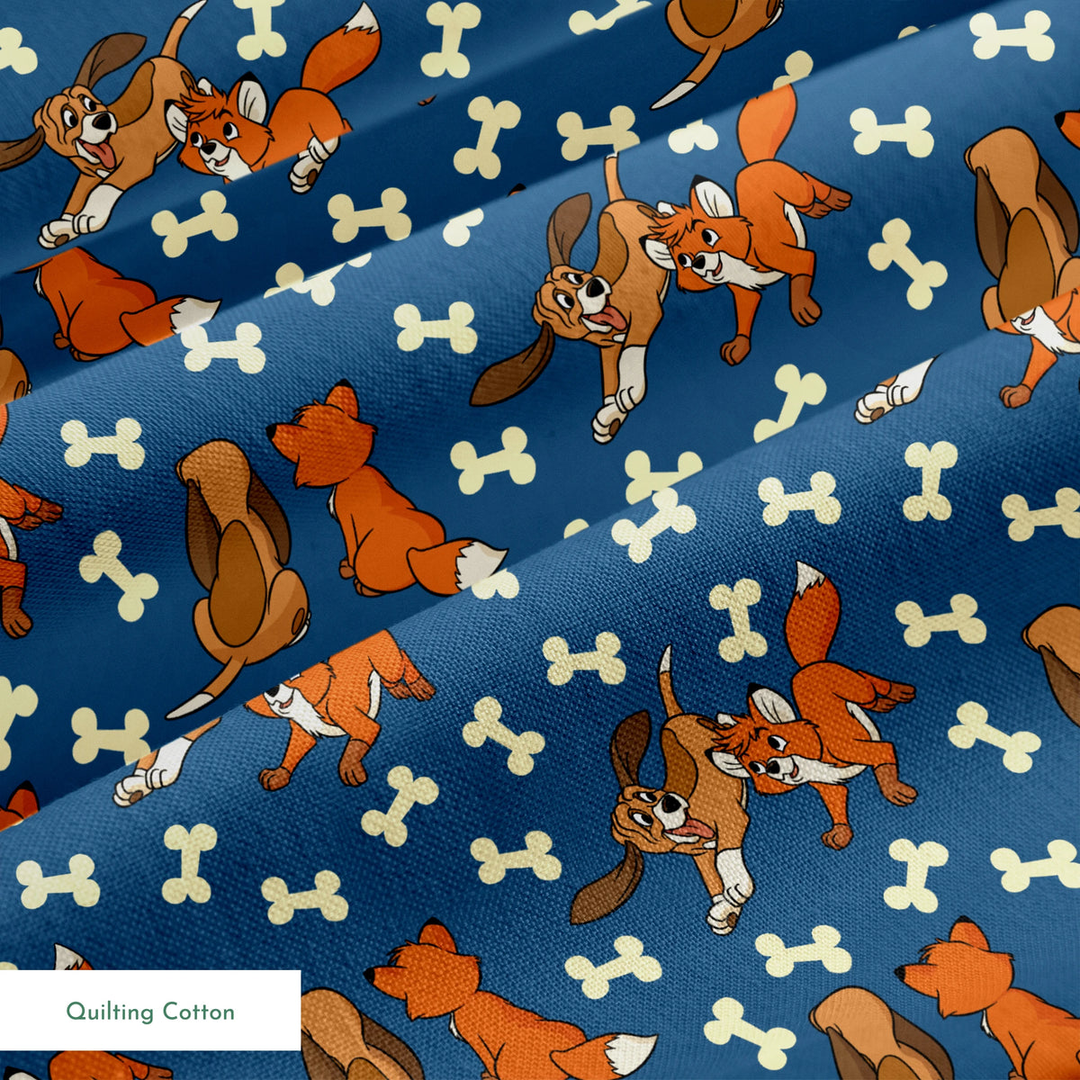 Fox and the Hound characters playing against blue background with scattered bone pattern springs quiltingcotton texture