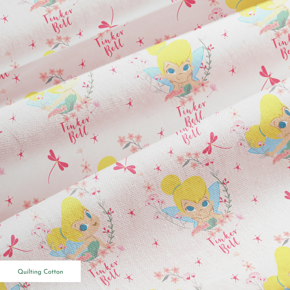 Pink background with Tinker Bell surrounded by flowers, stars, and dragonflies springs quiltingcotton texture