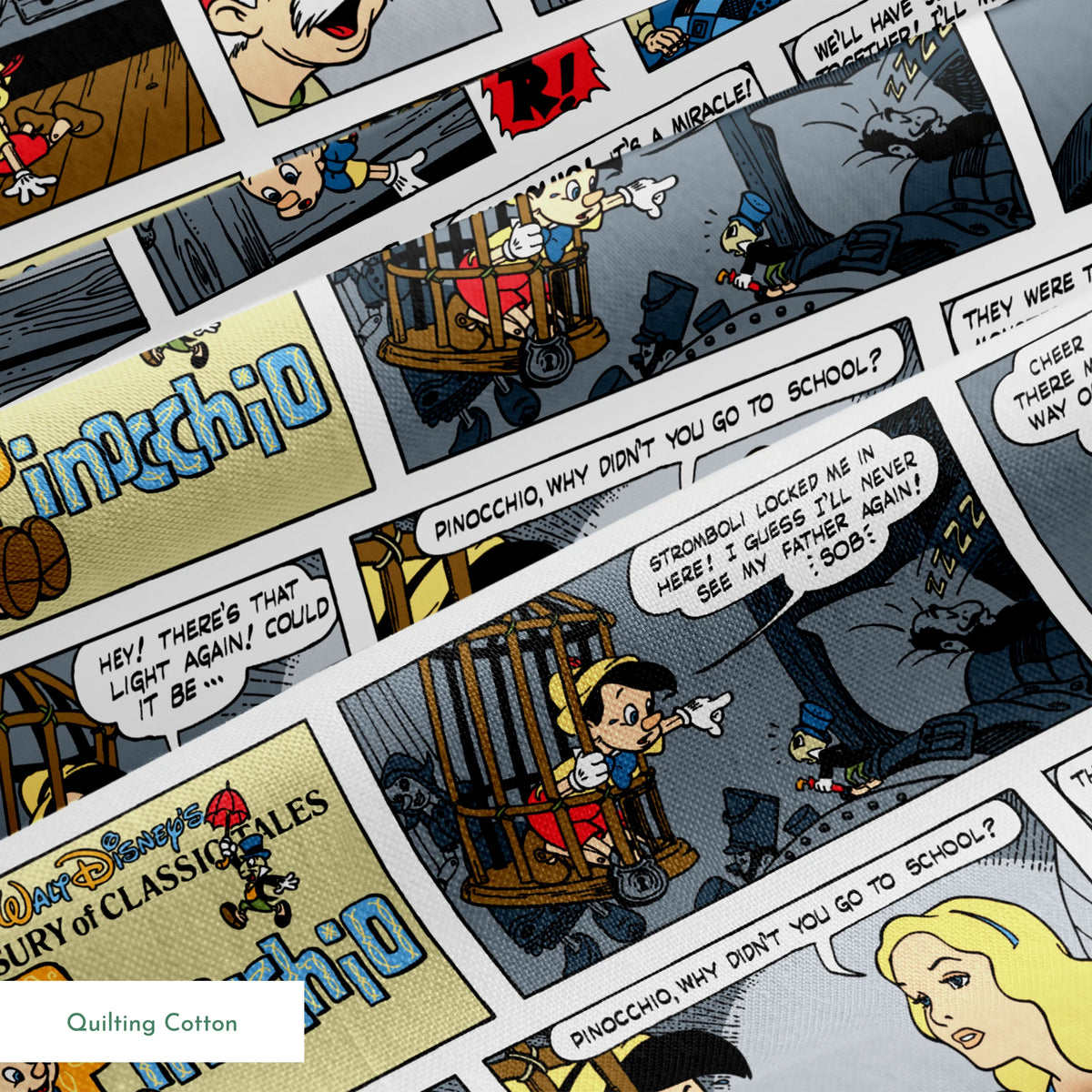 Comic strip collage featuring multiple panels from vintage comics with colorful characters, speech bubbles, and various cartoon scenes arranged in a grid pattern. springs quiltingcotton texture