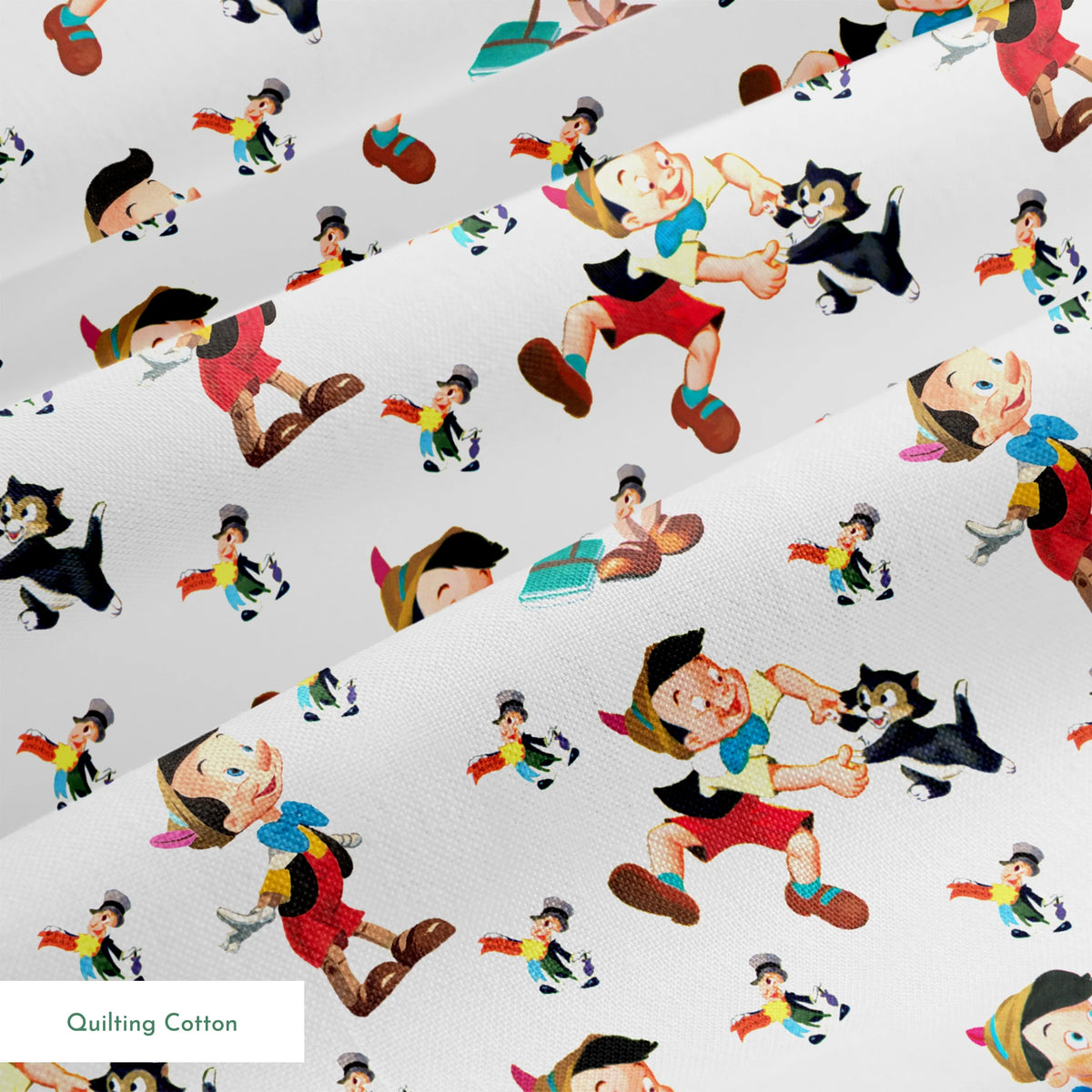 Pattern of cartoon wooden puppet characters with long noses, red shorts, blue bow ties, and black cats scattered on white background springs quiltingcotton texture