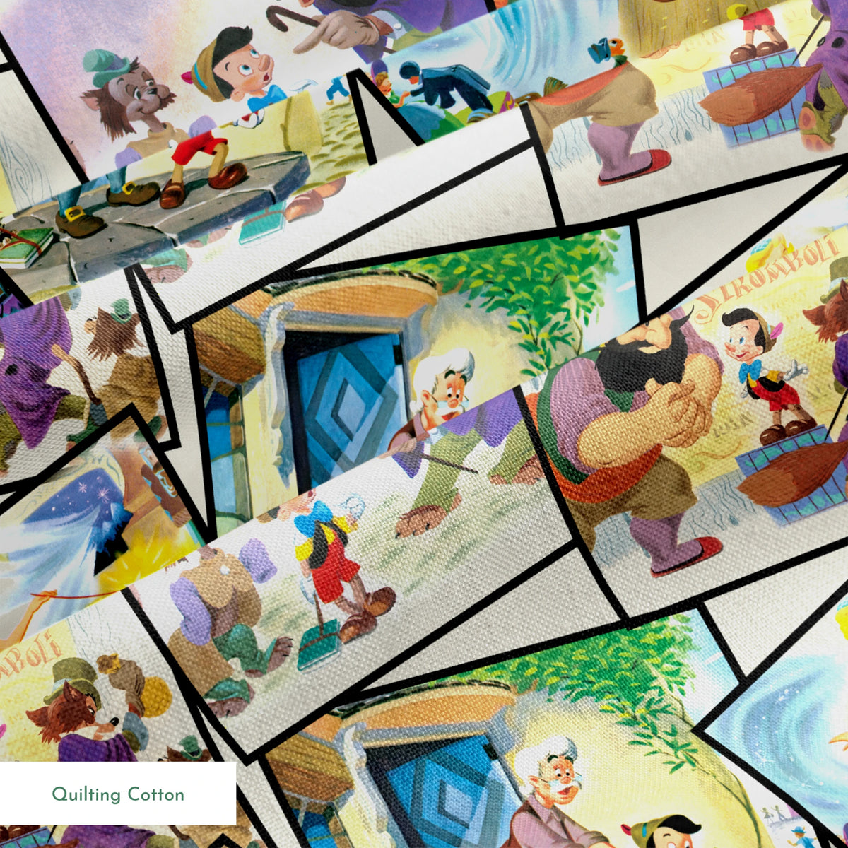 Colorful collage of Pinocchio scenes showing the wooden puppet, Geppetto, and other characters from the classic fairy tale. springs quiltingcotton texture
