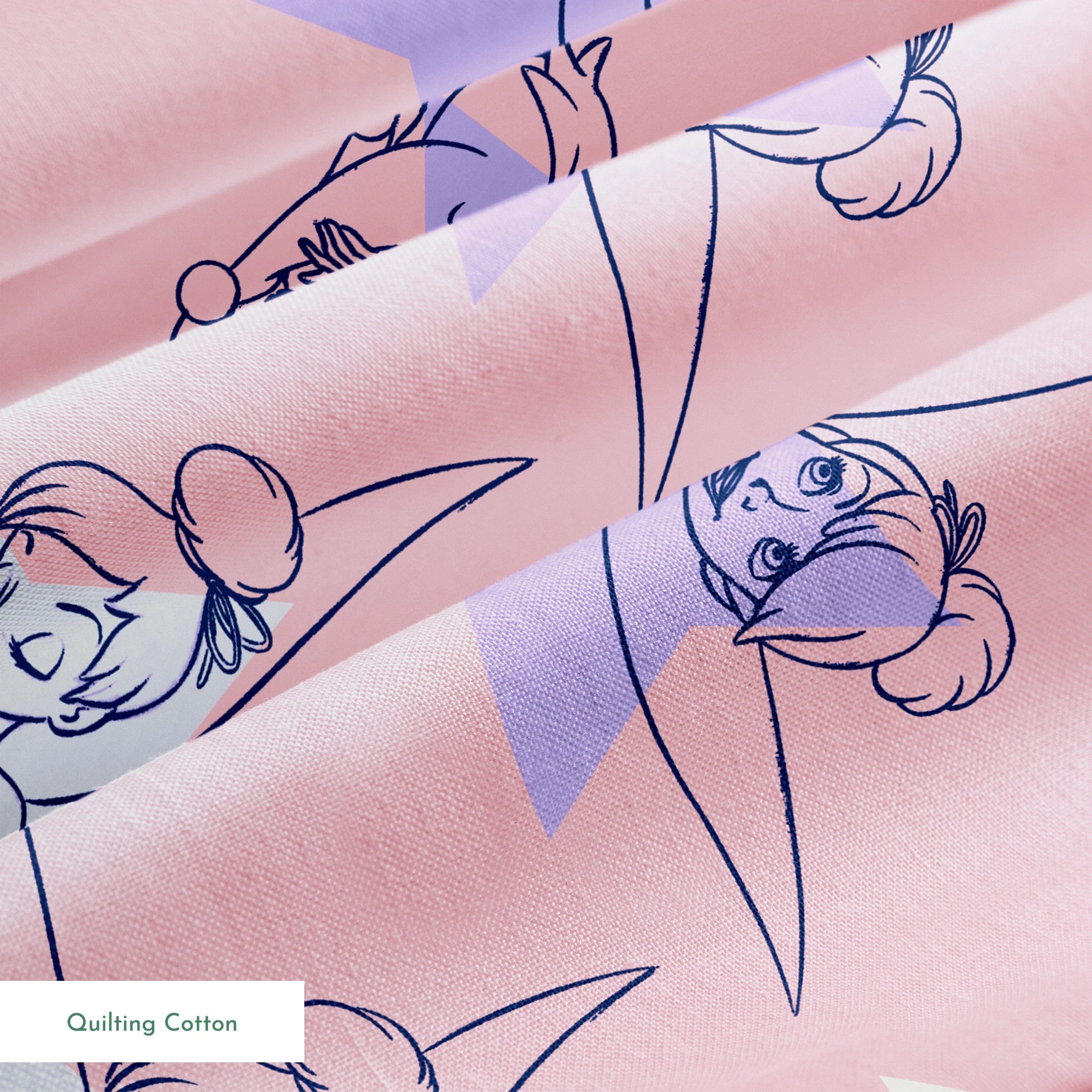 Whimsical Tinker Bells in outlined blue and white style on a soft pink background springs quiltingcotton texture