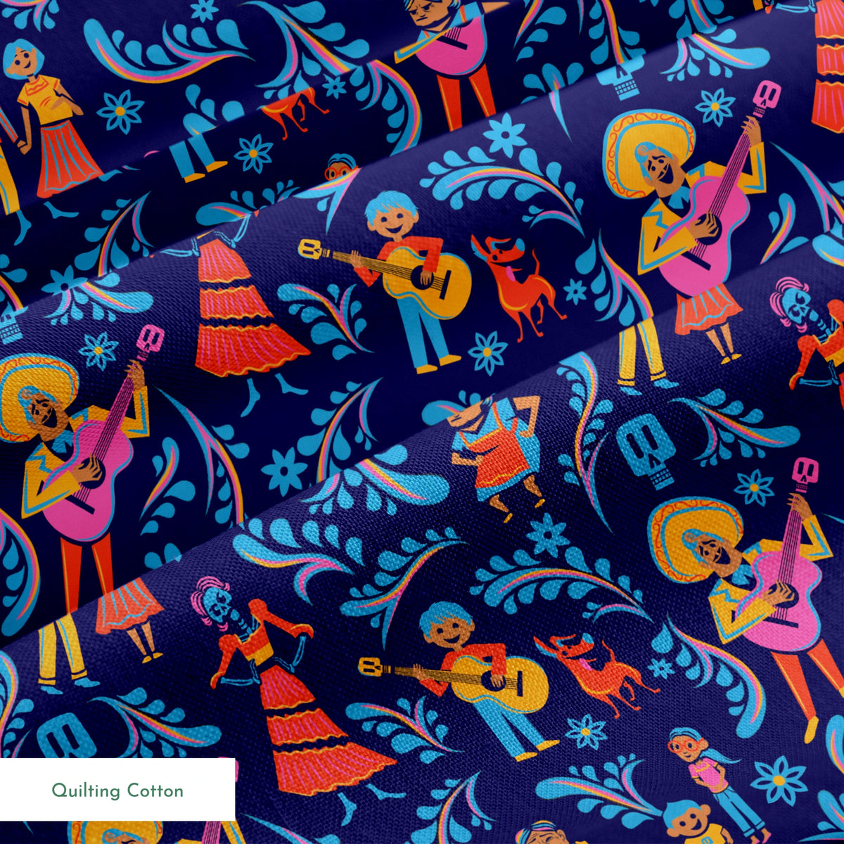 Colorful Coco folk art pattern with figures playing guitars, dancing, and blue skulls on dark background springs quiltingcotton texture