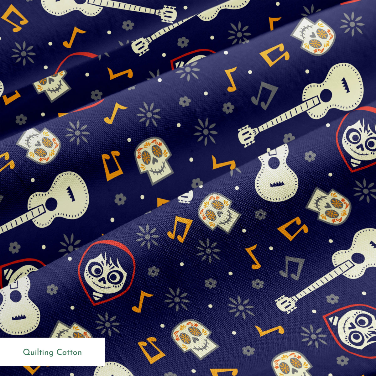 Coco dark blue pattern with white acoustic guitars, decorative skulls, orange musical notes, and circular designs scattered across a starry background. springs quiltingcotton texture