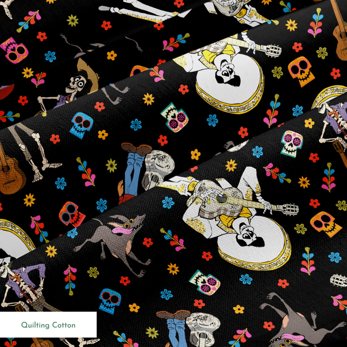 Colorful Coco Day of the Dead pattern with skeleton figures playing instruments, skulls, and flowers on black background springs quiltingcotton texture
