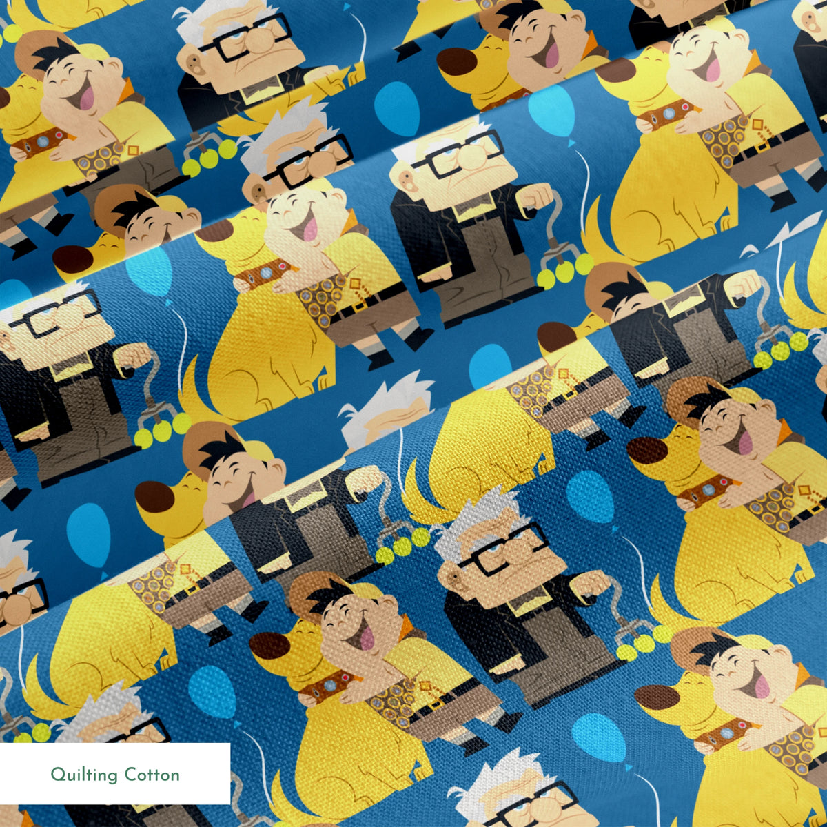 Cartoon pattern featuring characters from Pixar's "Up" with blue balloons, yellow dogs, and scouts springs quiltingcotton texture