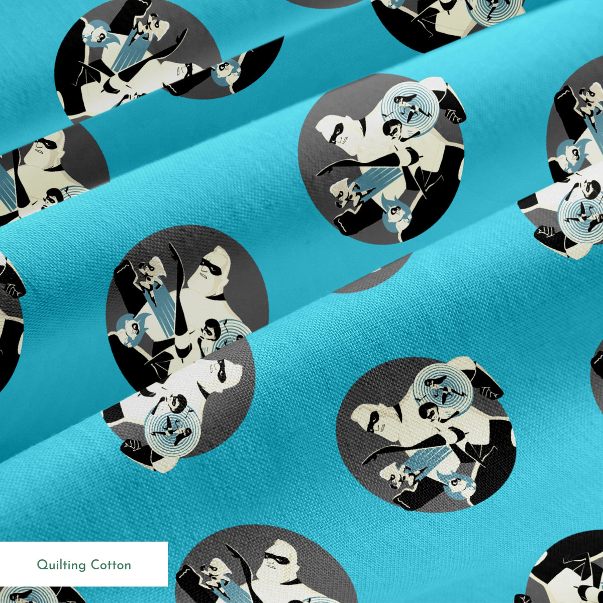 Repeating circular pattern of The Incredibles characters in gray circles on light blue background springs quiltingcotton texture