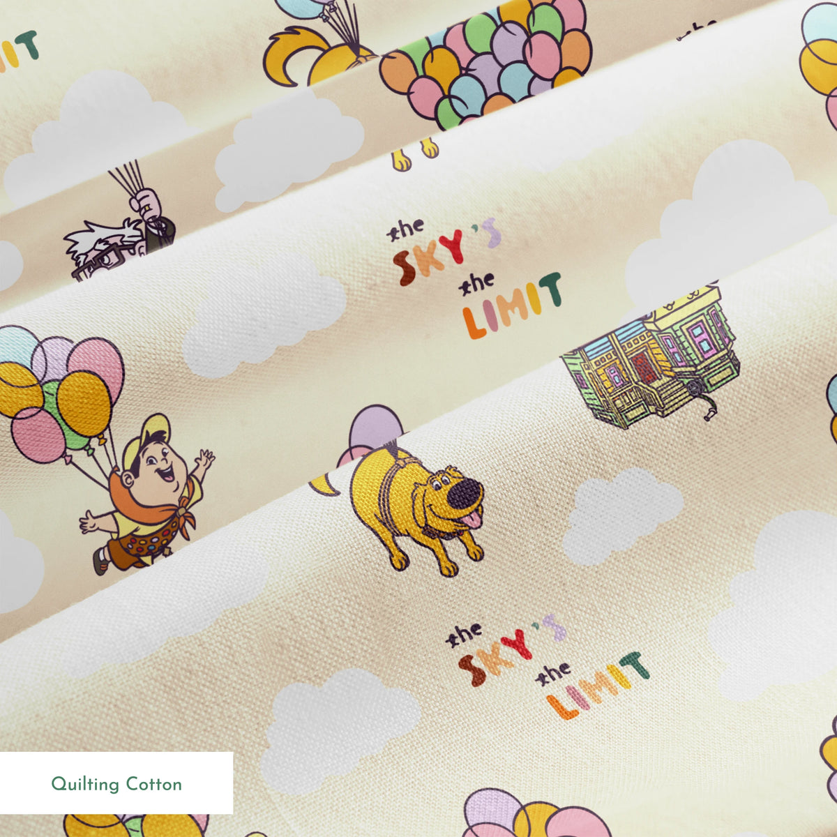 Pixar Up's characters floating with colorful balloons against beige sky with "sky's the limit" text springs quiltingcotton texture