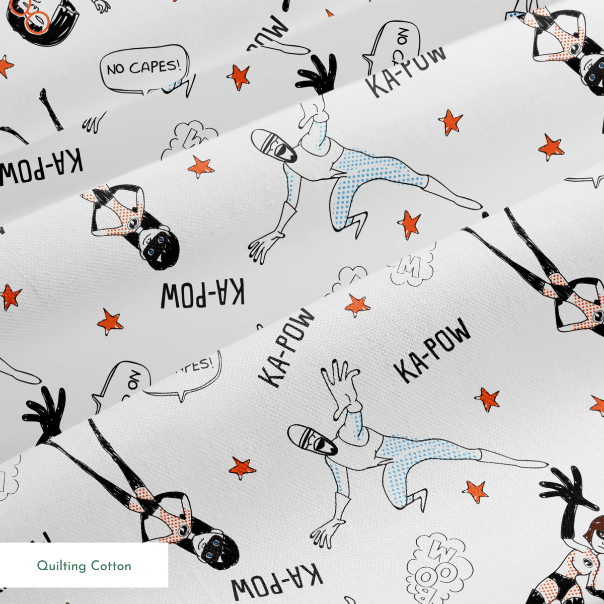 The Incredibles in dynamic poses with comic book sound effects like "KA-POW" on white background with orange stars springs quiltingcotton texture