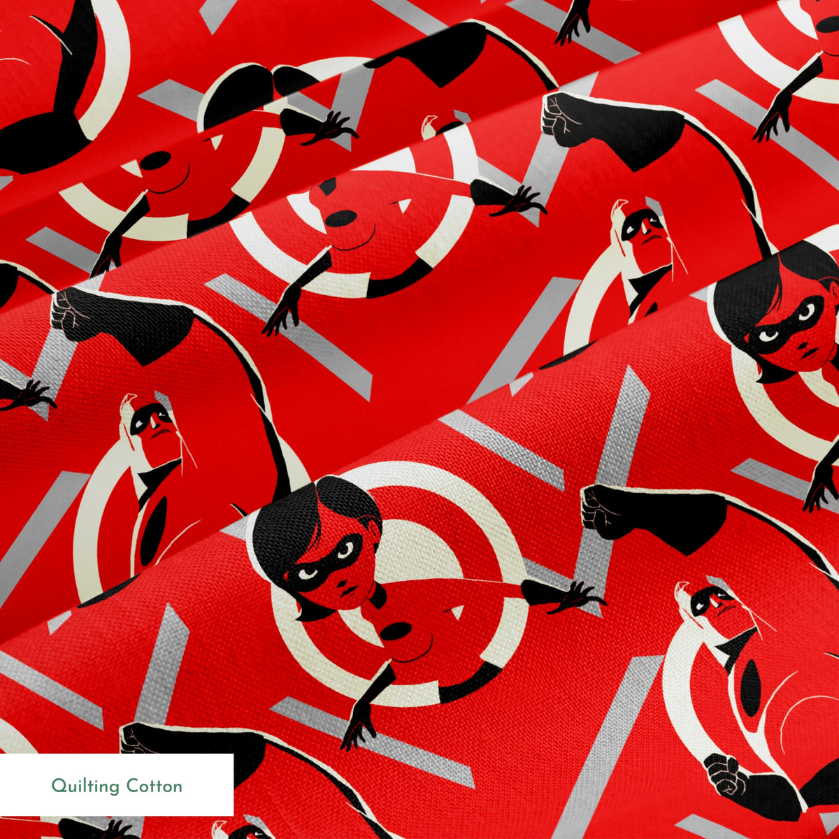Stylized Incredibles characters in red, black and white with a dynamic pose against spiral background pattern. springs quiltingcotton texture