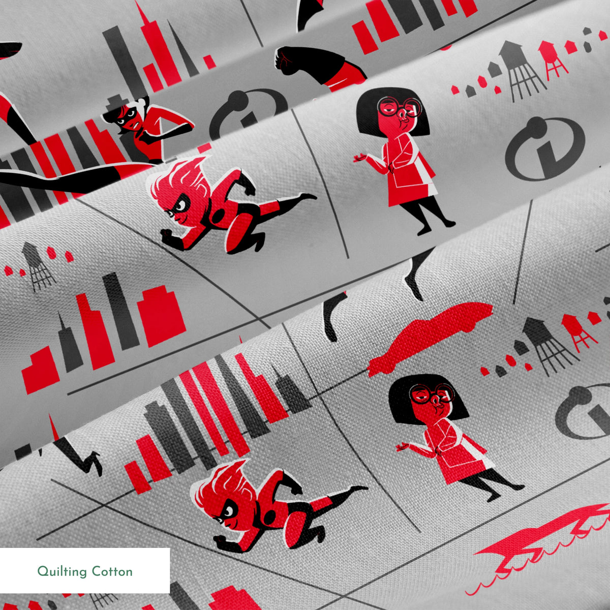 Characters in red and black superhero outfits from The Incredibles shown in action poses against gray background with city elements springs quiltingcotton texture