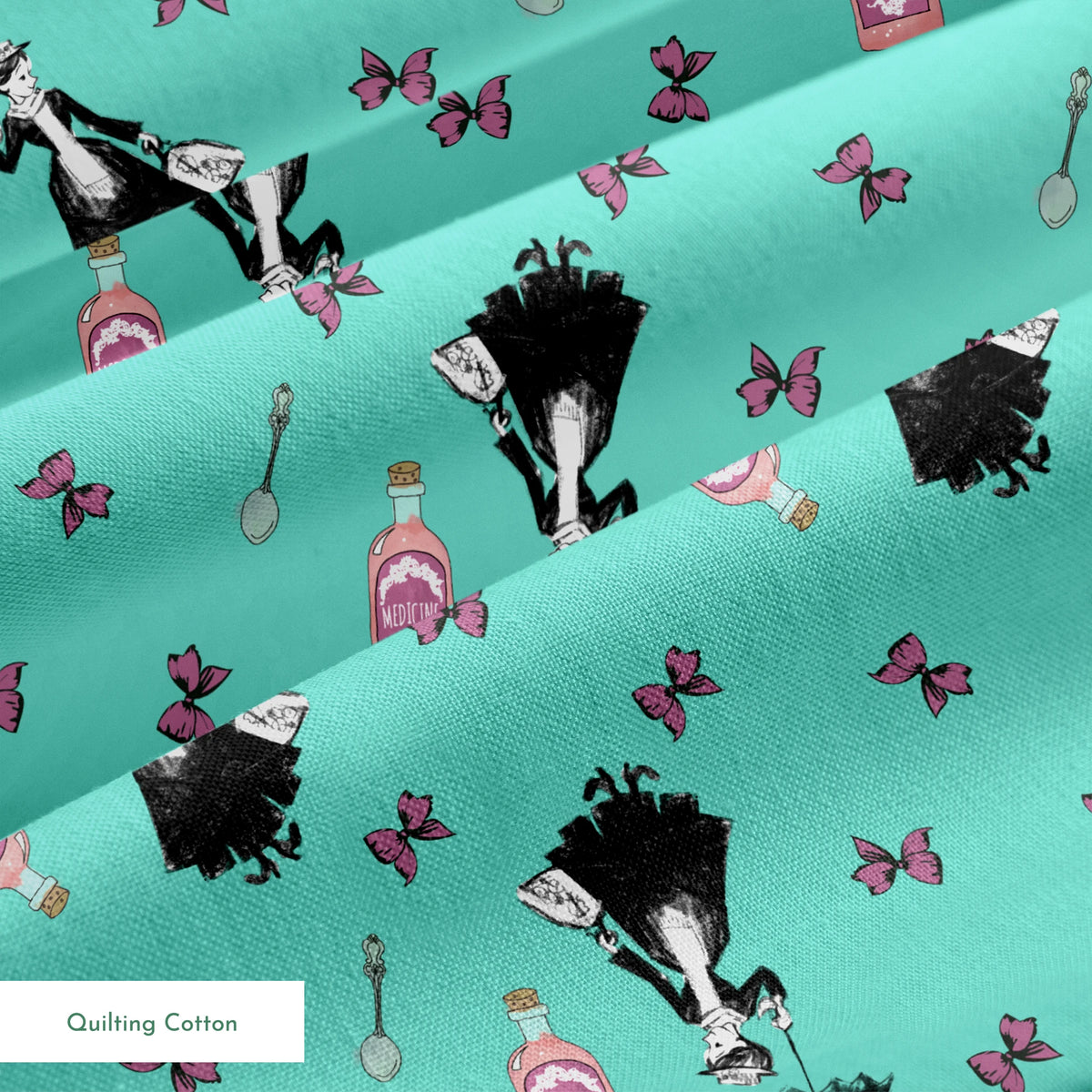 Whimsical illustration pattern with Mary Poppins holding umbrella, pink bottles, and purple butterflies on mint green background. springs quiltingcotton texture