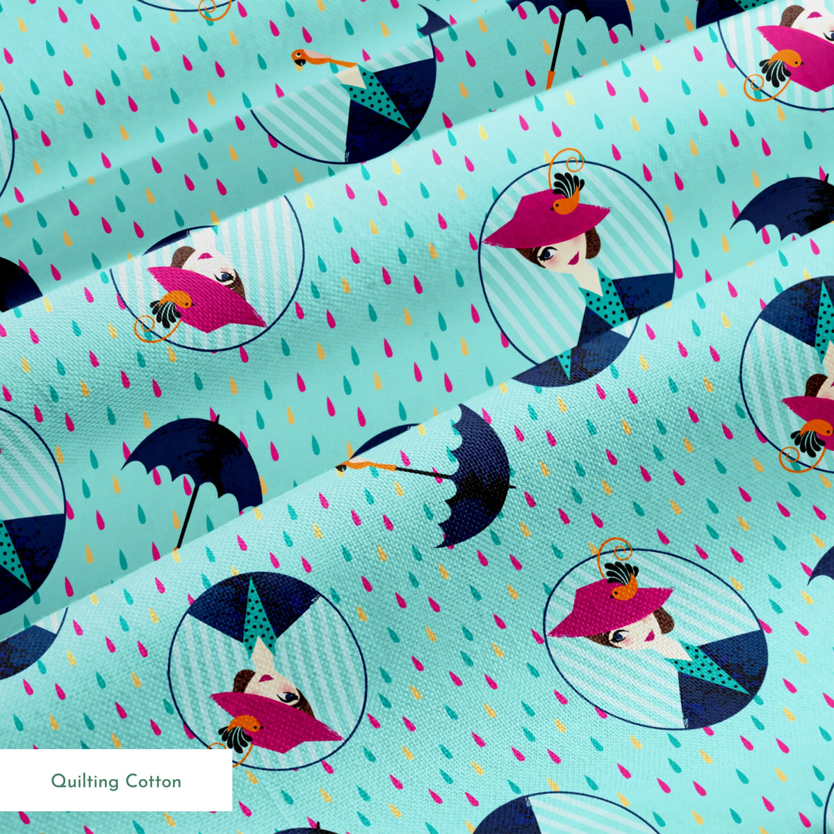 Colorful rainy pattern with Mary Poppins holding umbrellas in circular frames on turquoise background with pink raindrops springs quiltingcotton texture