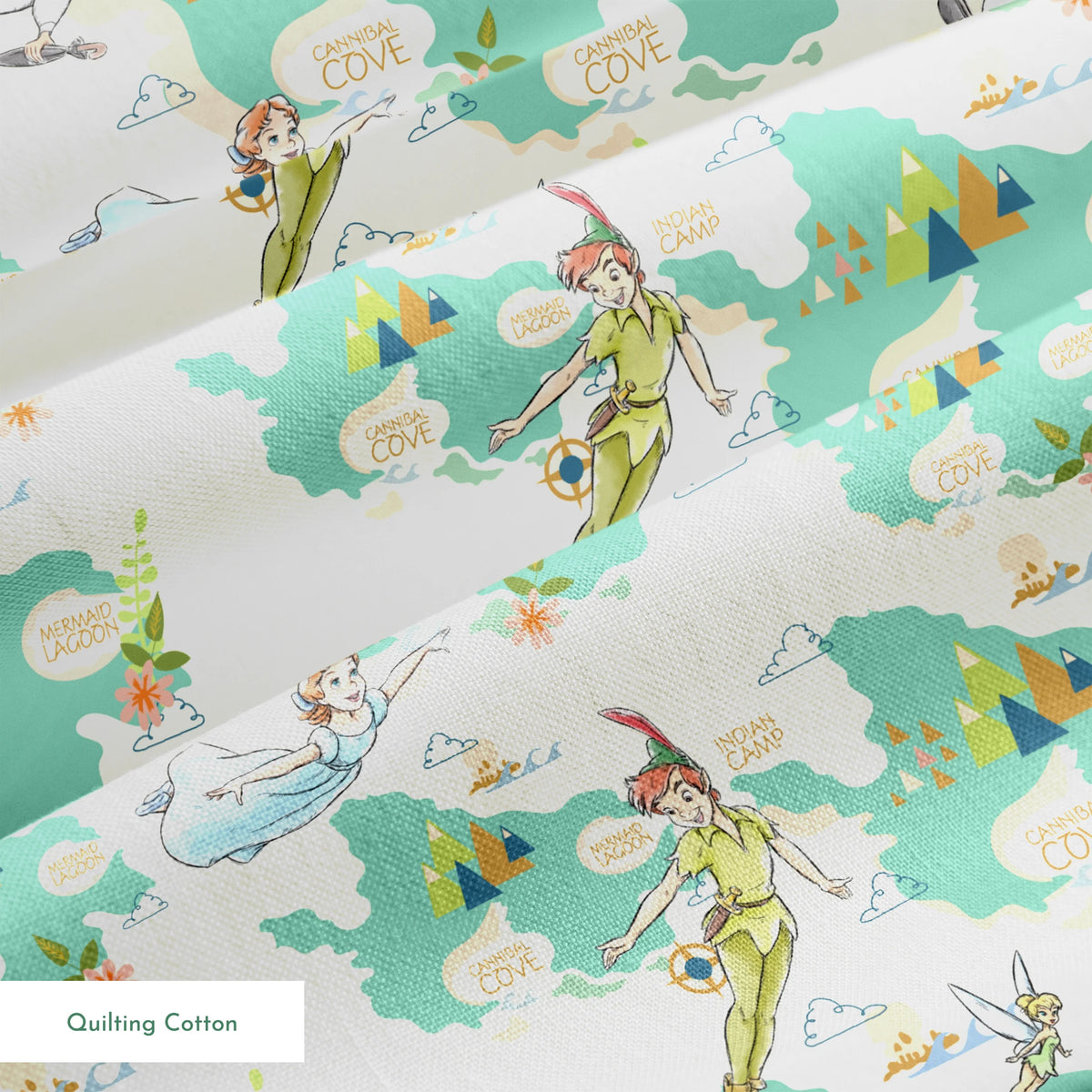 This is a whimsical Peter Pan themed pattern featuring characters flying through a turquoise sky with geometric mountains and text bubbles showing "Mermaid Cove" locations. springs quiltingcotton texture
