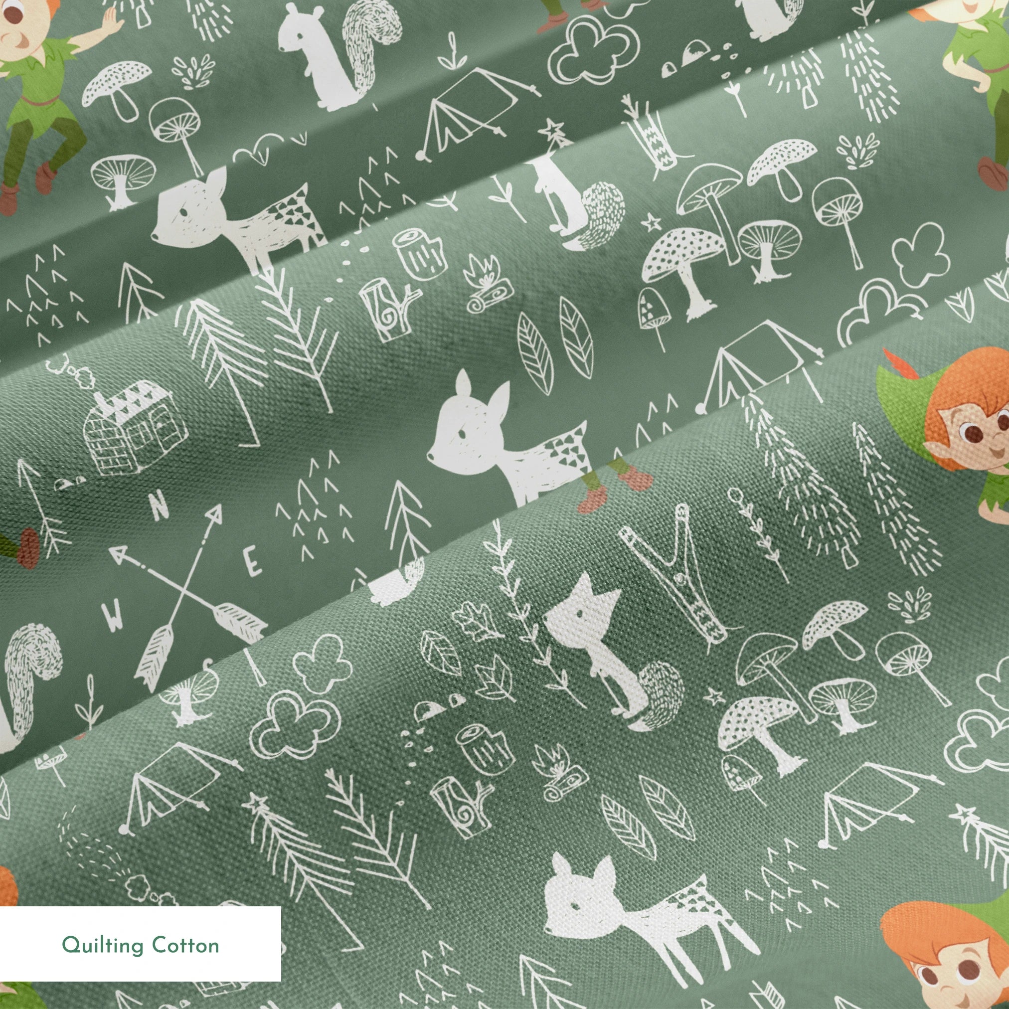 Illustrated forest pattern with cartoon characters in green outfits, white animals, and woodland elements on sage background. springs quiltingcotton texture