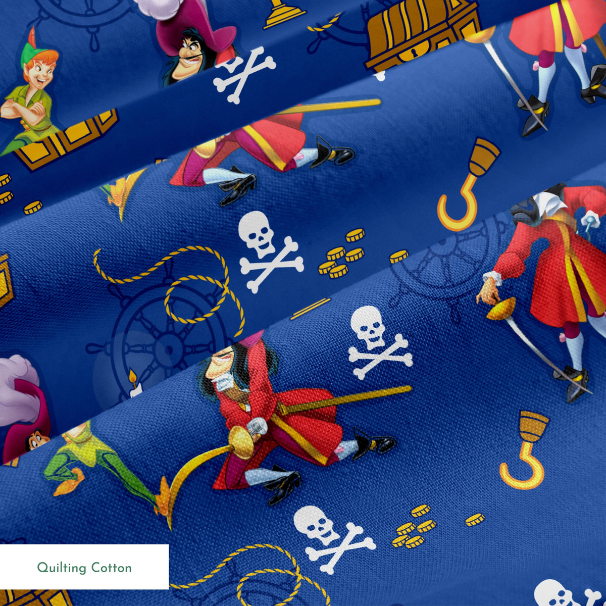 Pirate-themed pattern with captains, treasure chests, hooks, and skull symbols on blue background springs quiltingcotton texture