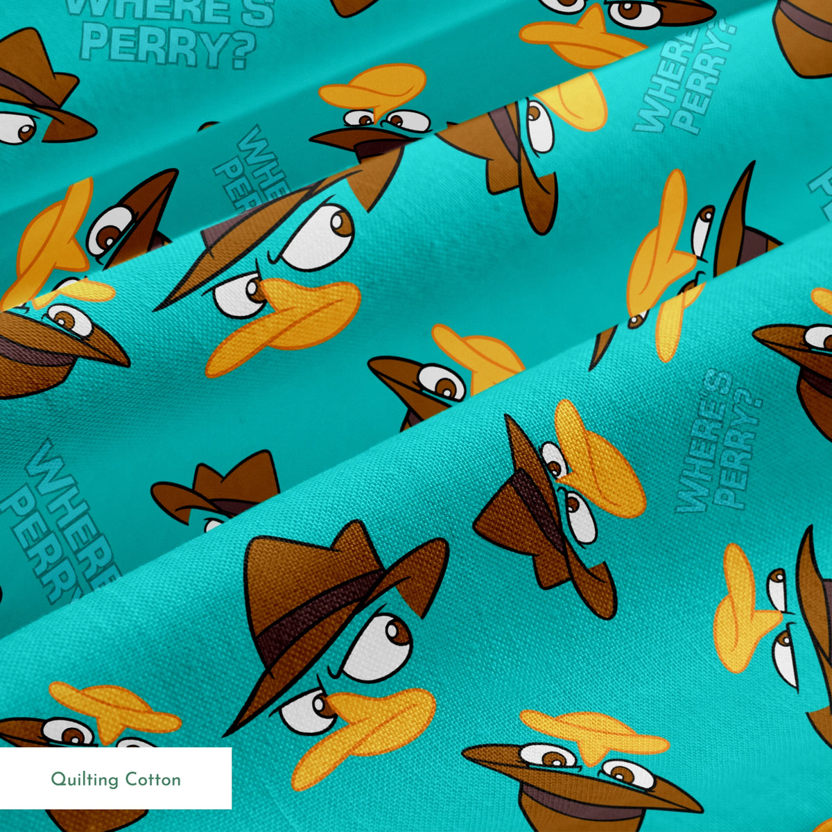 Pattern of cartoon character faces with brown fedora hats on teal background with "Where's Perry" text springs quiltingcotton texture