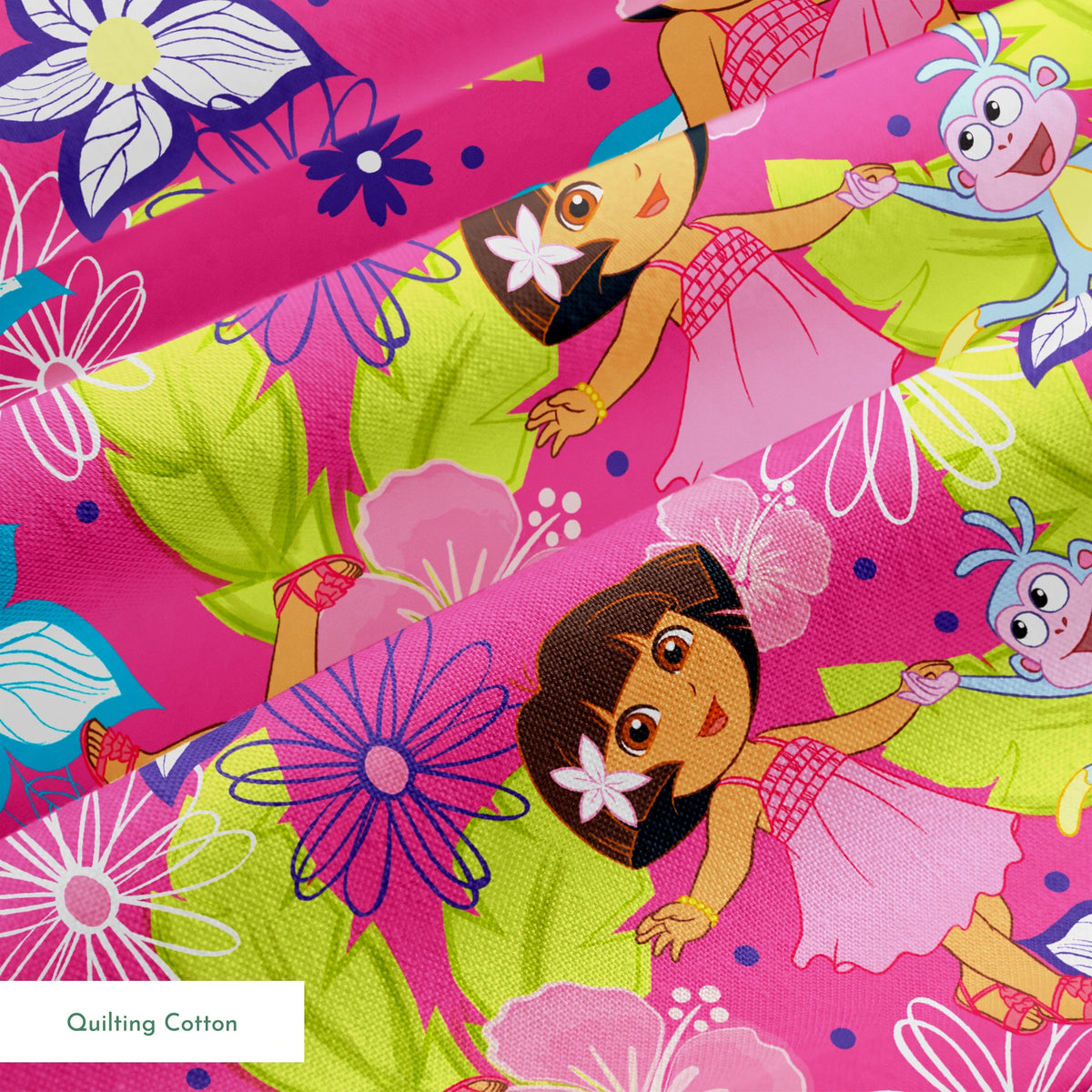 Colorful cartoon pattern with Dora the Explorer characters among vibrant flowers on pink background springs quiltingcotton texture