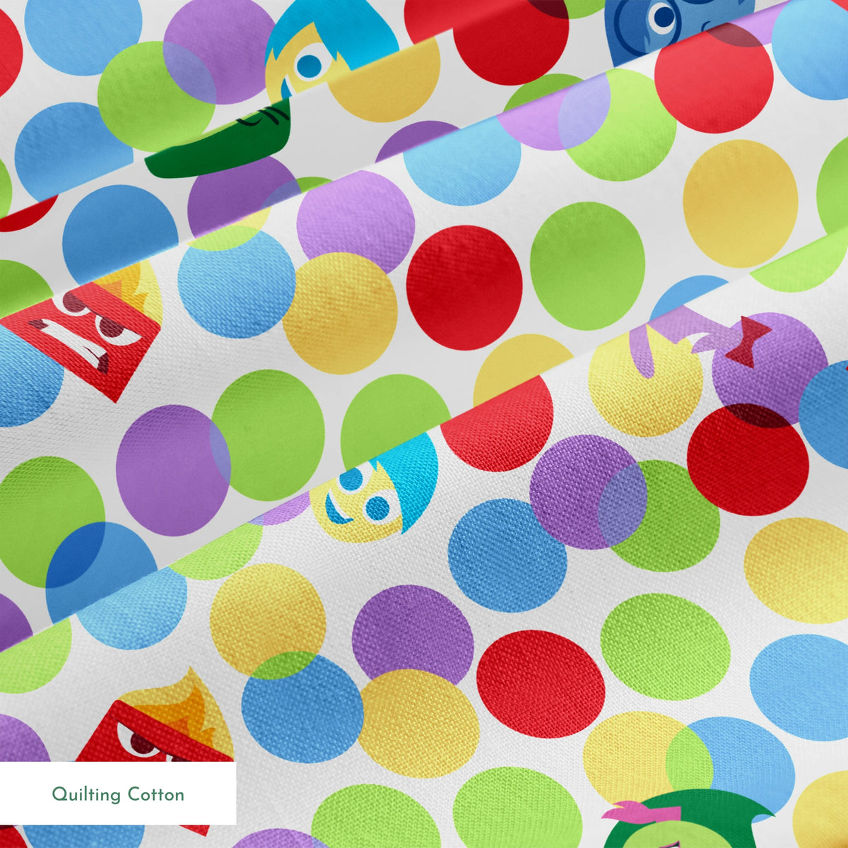 Colorful pattern with Inside Out characters scattered among multicolored polka dots springs quiltingcotton texture