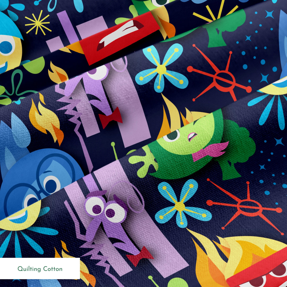 Colorful Inside Out characters with blue, red, green faces and abstract shapes on dark background springs quiltingcotton texture