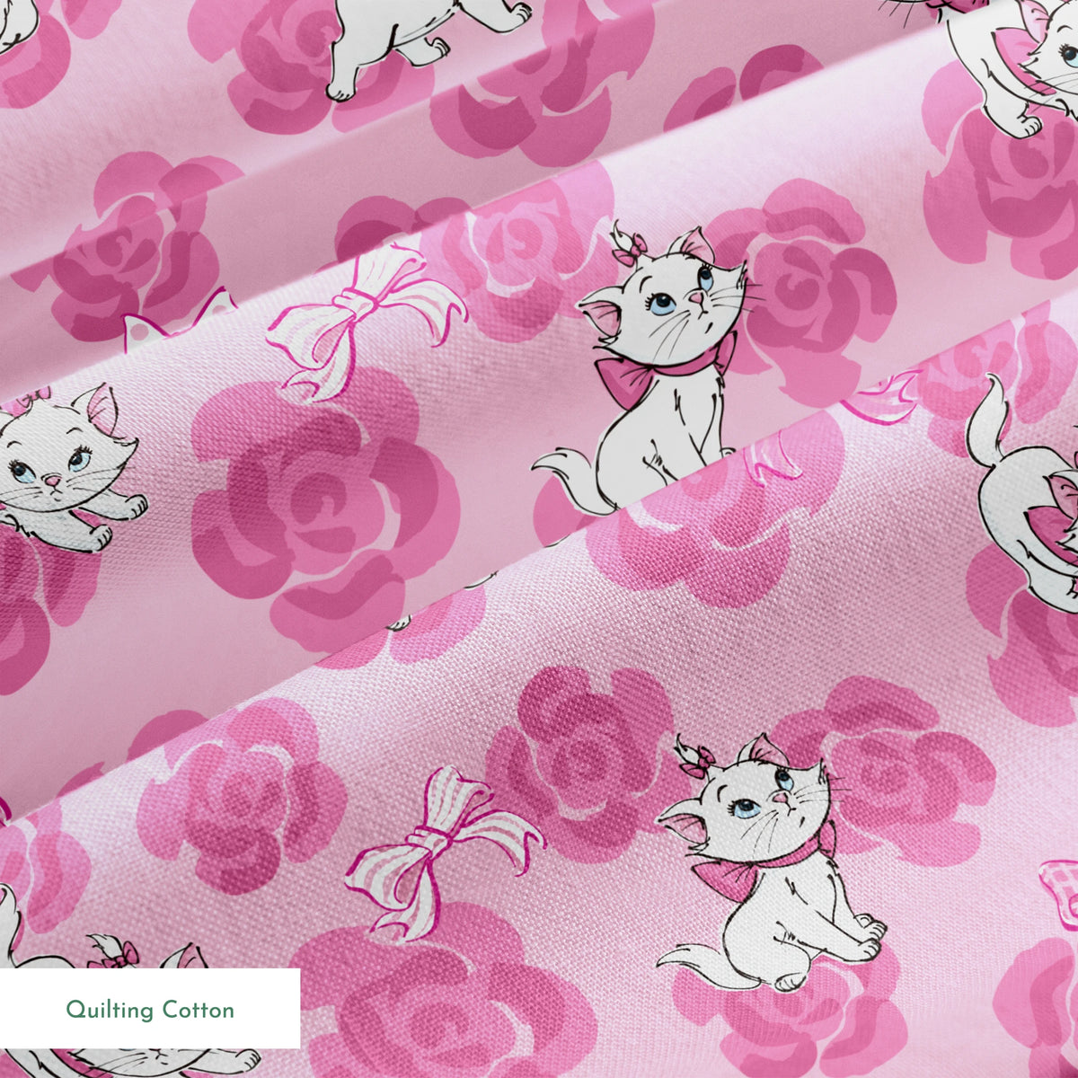 Marie from The Aristocats playing on pink rose pattern background springs quiltingcotton texture