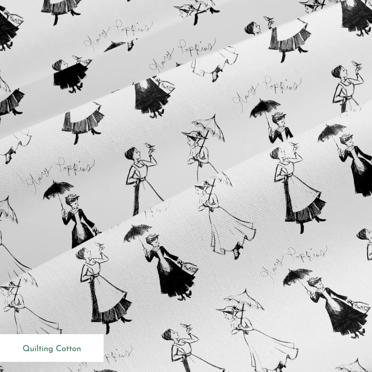 Sketchy illustration pattern of Mary Poppins, shown in various poses in black and white springs quiltingcotton texture