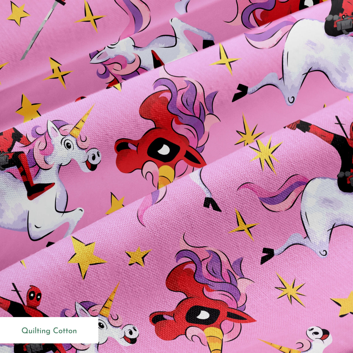 Cartoon character in red riding white unicorns with purple manes against pink starry background springs quiltingcotton texture