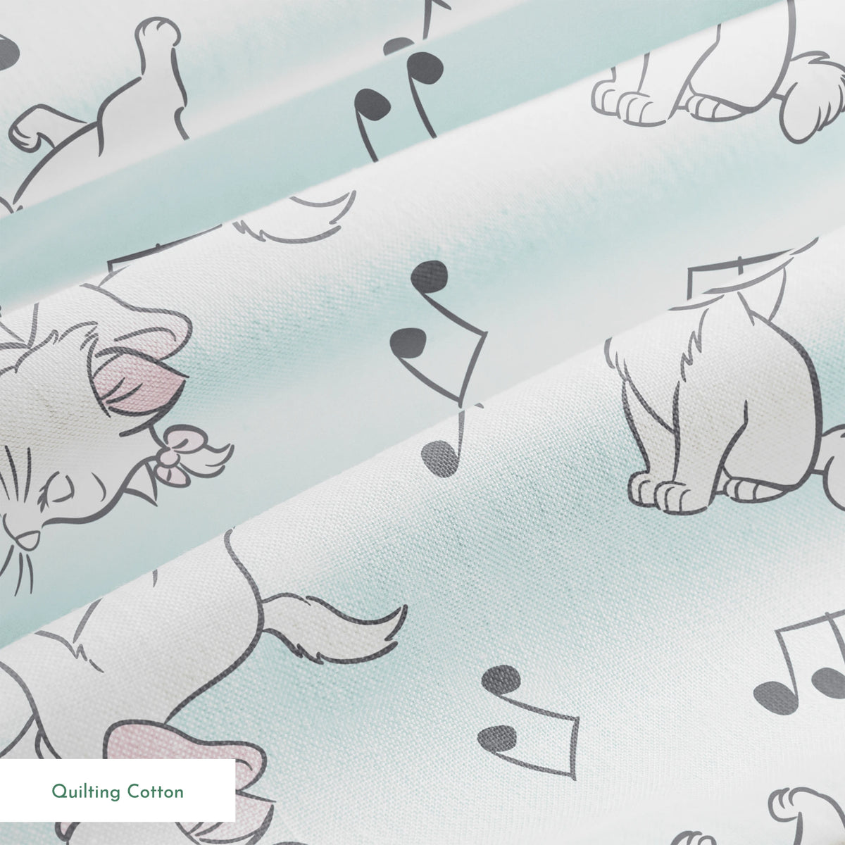 White kittens with pink bows playing among musical notes on a light mint background springs quiltingcotton texture