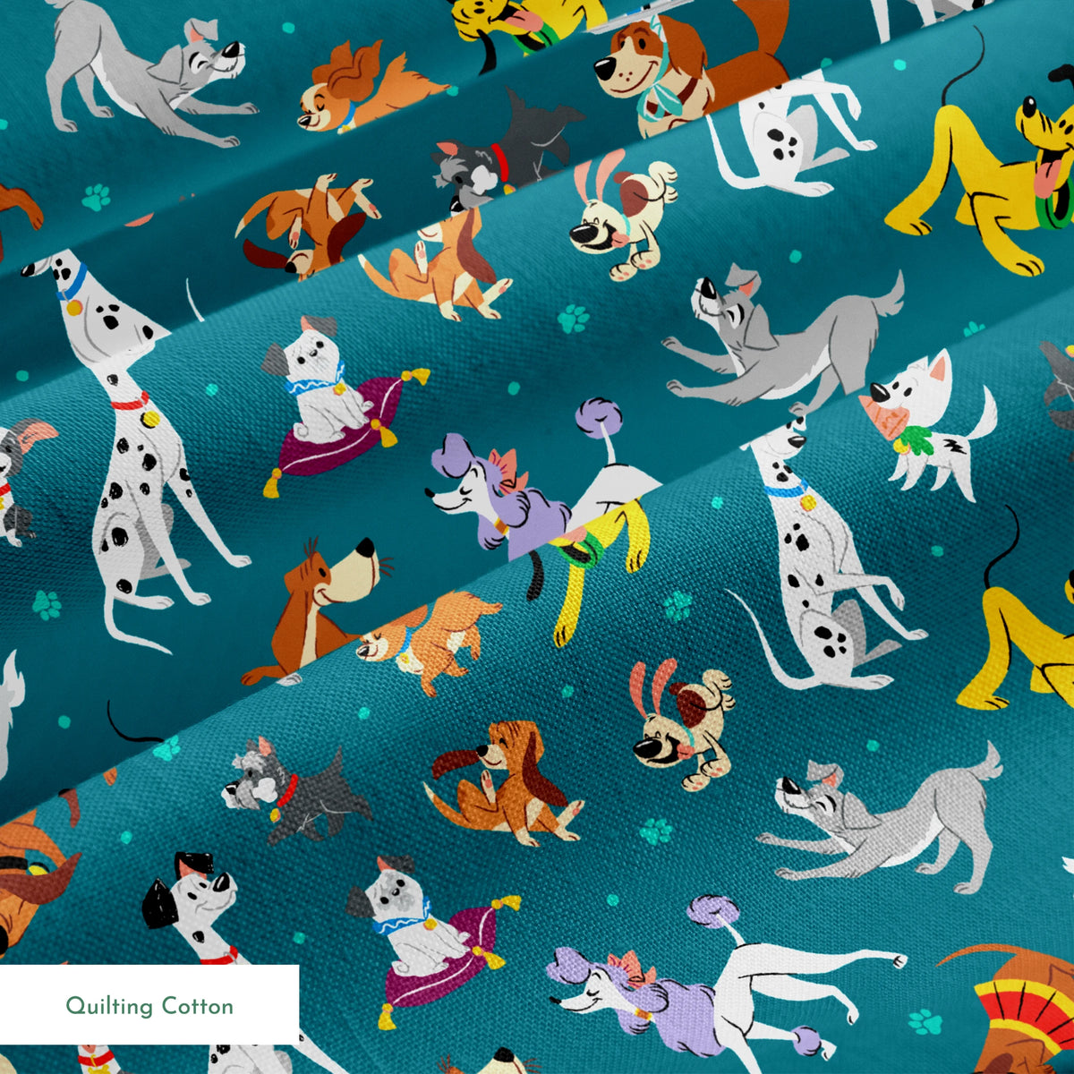 Teal pattern featuring Disney cartoon dogs like Dalmatians, Pluto, Lady and the Tramp, Copper, and other animated pups. springs quiltingcotton texture