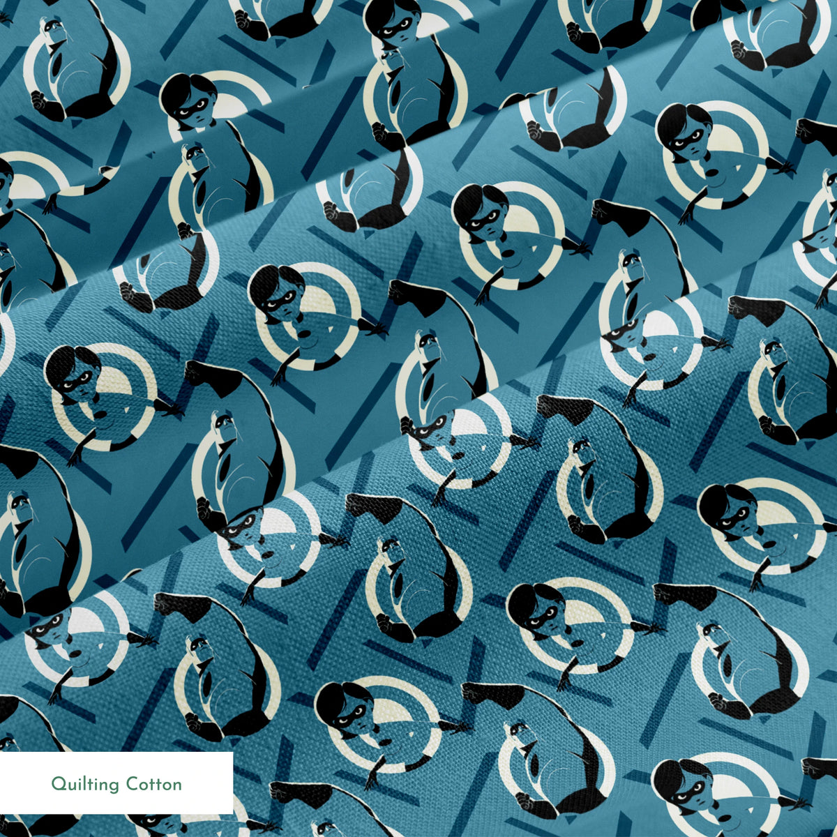 Stylized Mr. Incredible in blue and black with raised fist against geometric circular background springs quiltingcotton texture