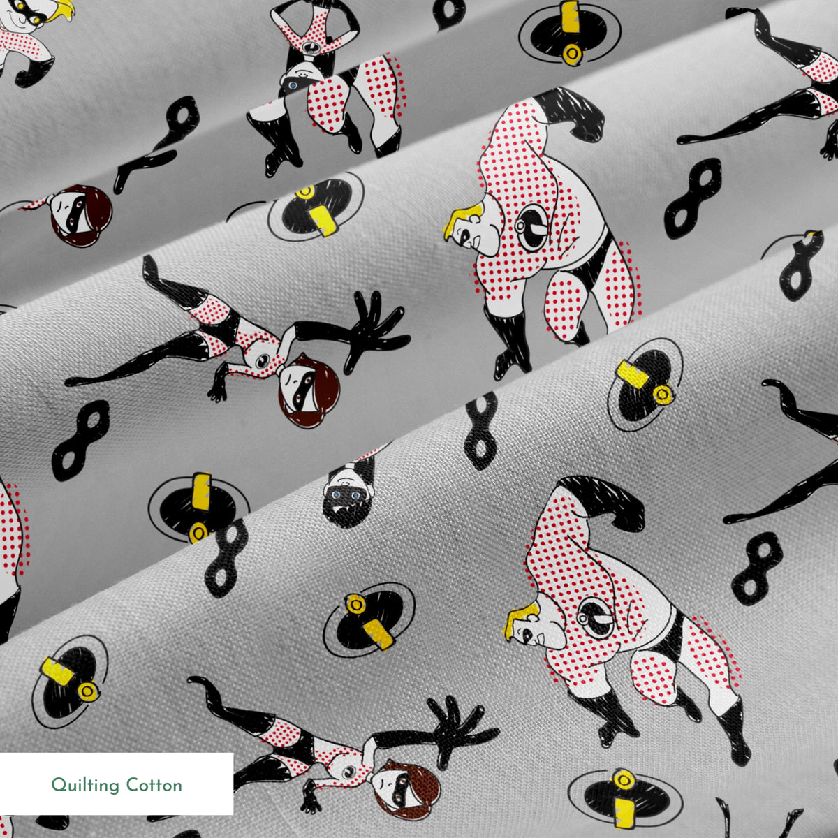The Incredibles in black and white suits with yellow emblems scattered on gray background with masks springs quiltingcotton texture
