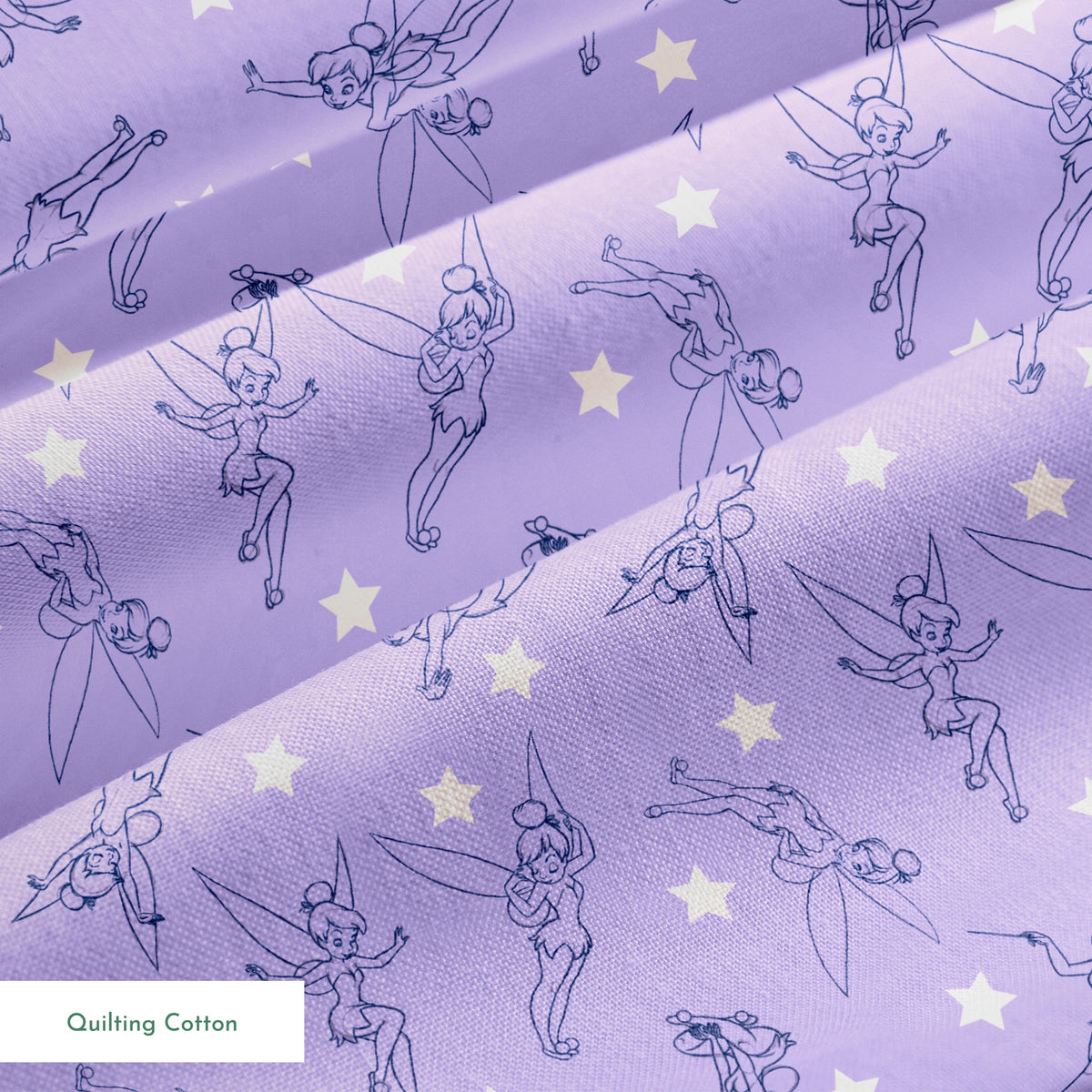 Tinker Bell dancing across a lavender purple background with white stars springs quiltingcotton texture