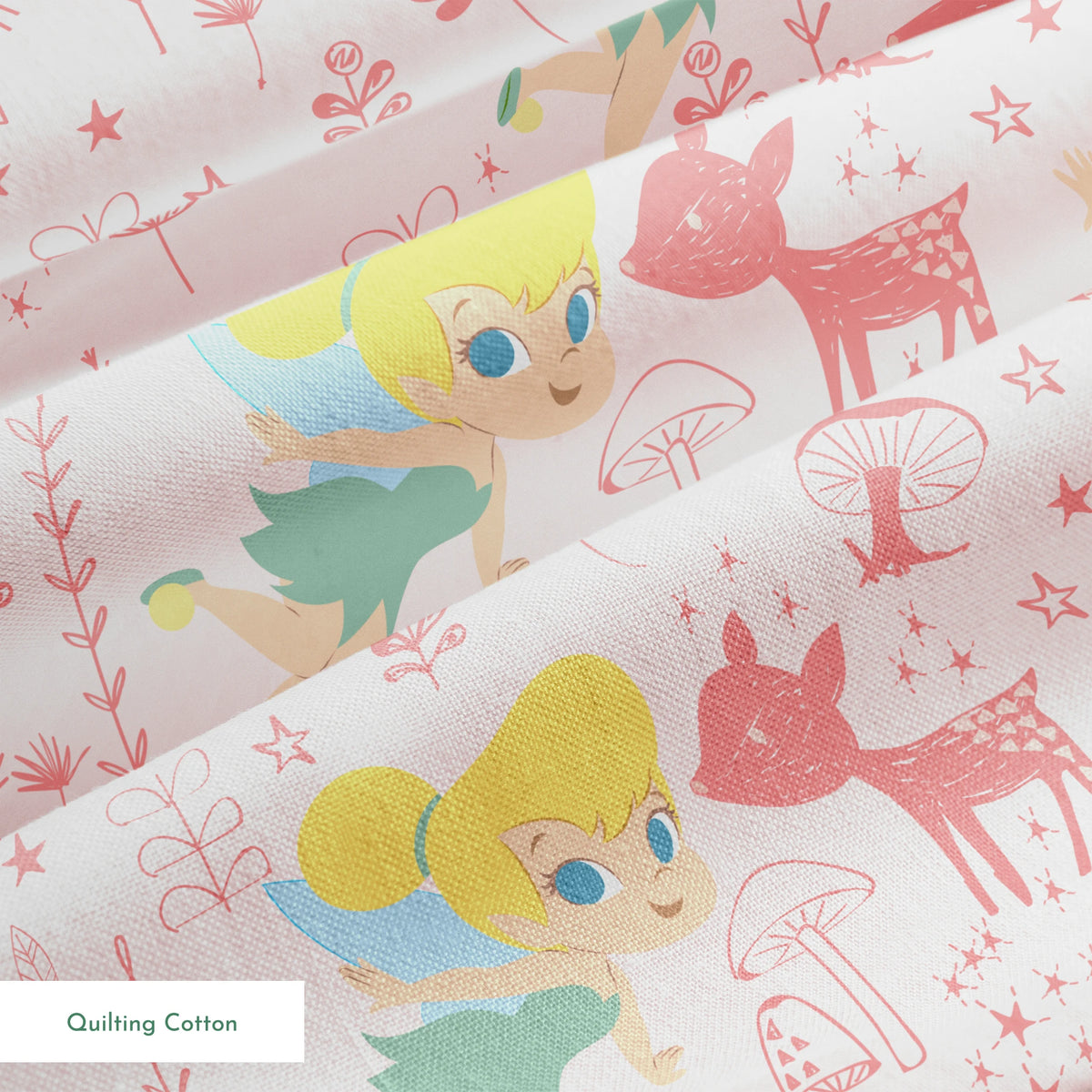 Pink whimsical pattern with cartoon fairy characters, forest animals, mushrooms, and plants in pastel colors springs quiltingcotton texture