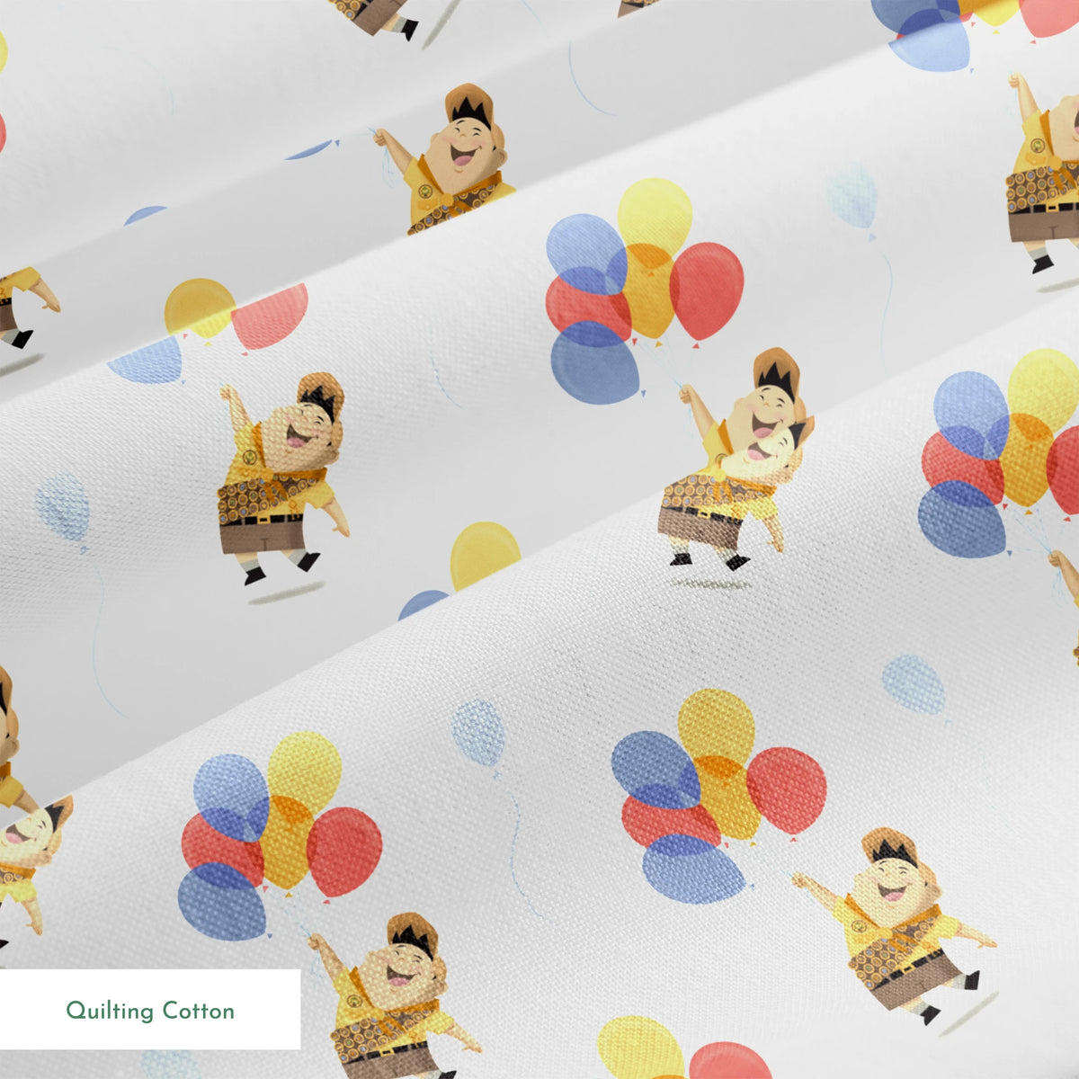 Up's Russell in explorer outfit floating with colorful balloons on white background pattern springs quiltingcotton texture
