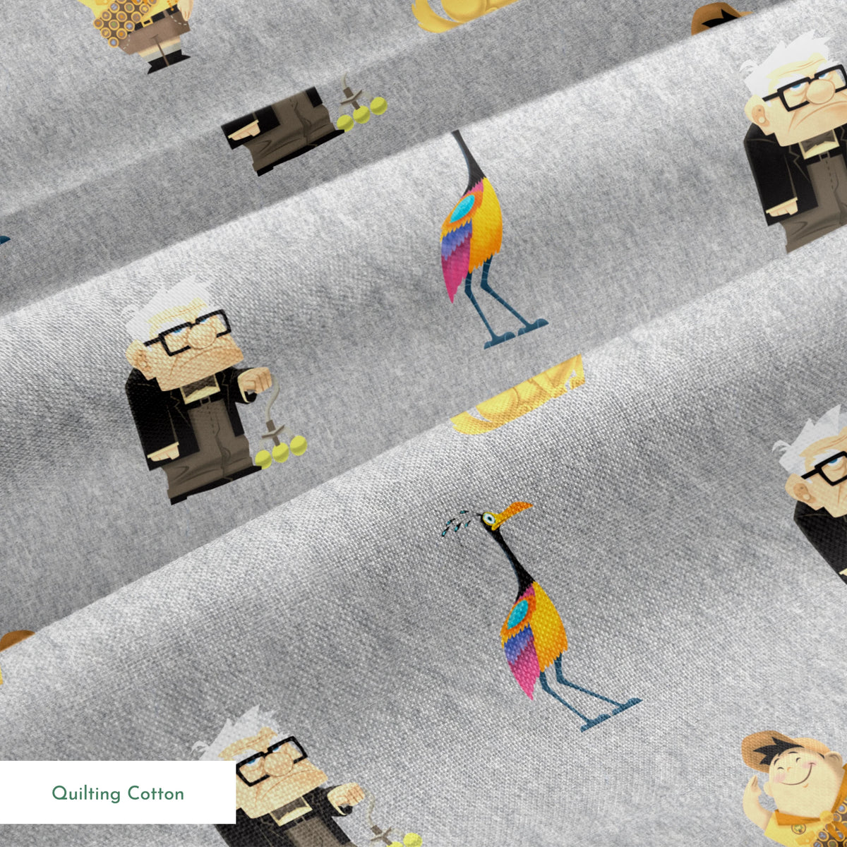 Up pattern with wilderness explorer characters, yellow birds, and colorful details on gray background springs quiltingcotton texture