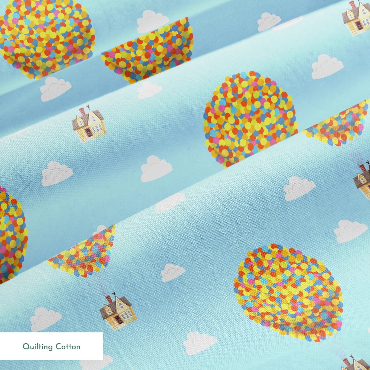 Repeating Up pattern of houses lifted by colorful balloon clusters against a light blue sky with white clouds springs quiltingcotton texture