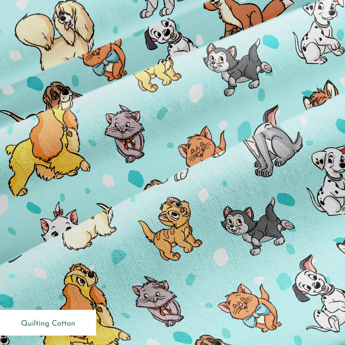 Cartoon-style Disney dogs and cats on a light blue background with scattered spots. springs quiltingcotton texture