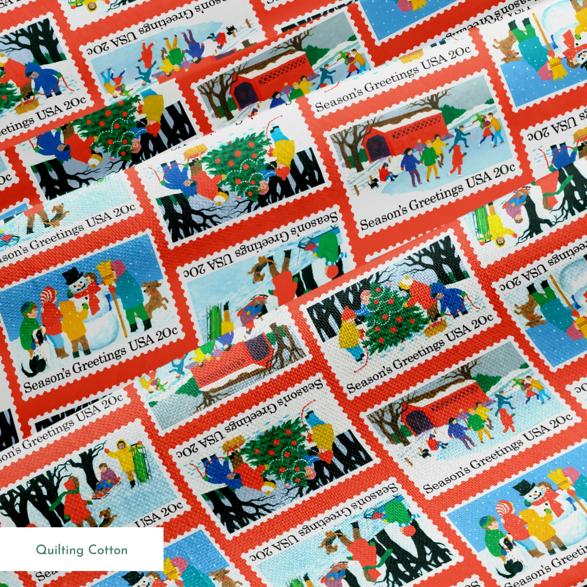 USPS Scenic Season's Greetings Stamps on Red Fabric