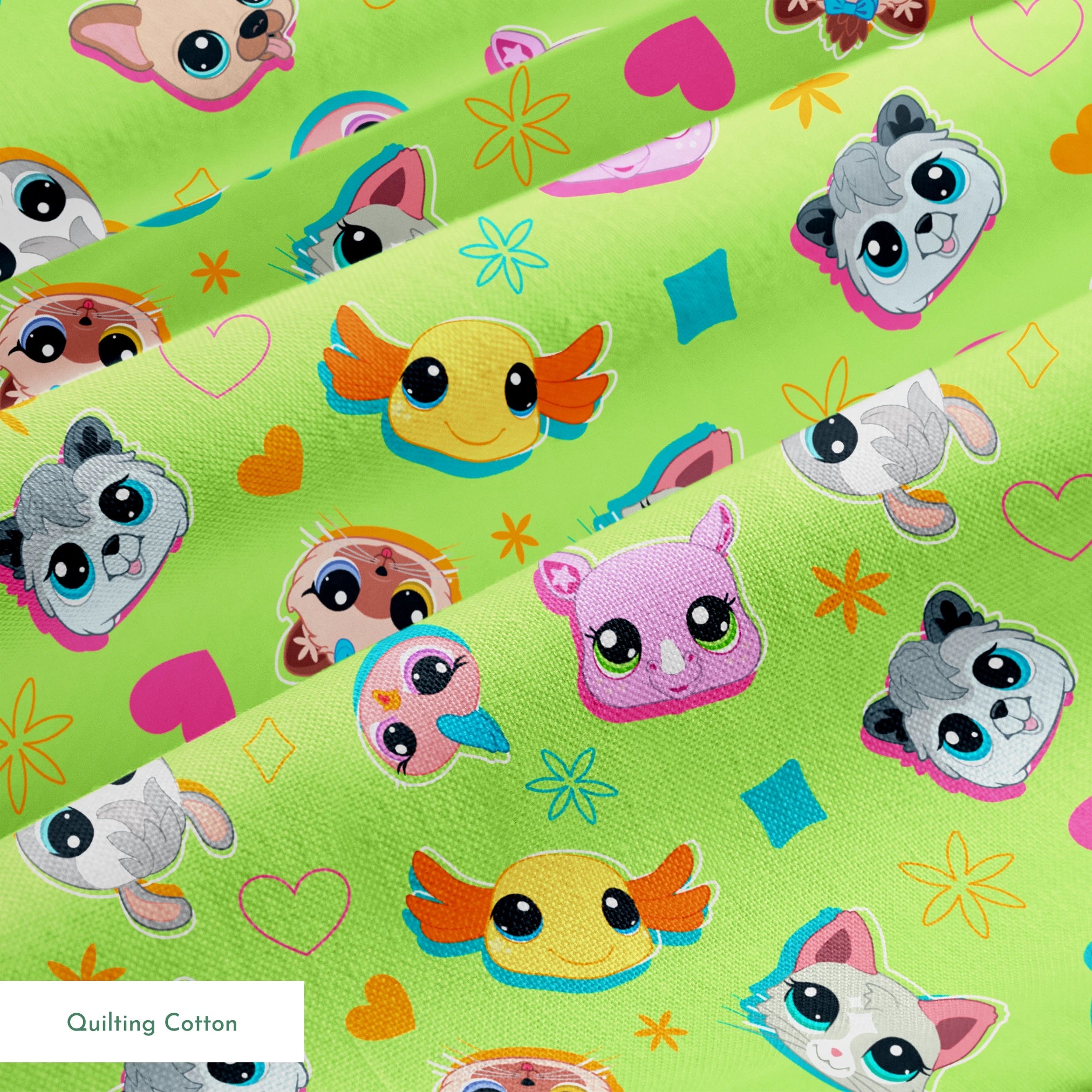 Hasbro Littliest Pet Shop Shapes and Faces on Green Fabric