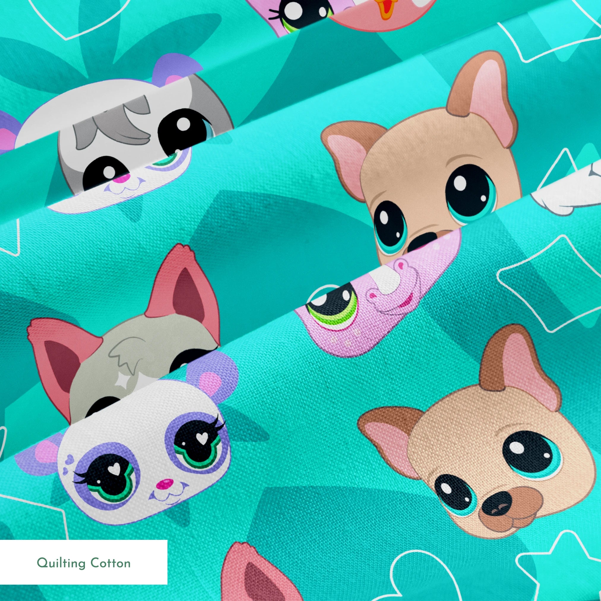 Hasbro Littliest Pet Shop Cute Faces Toss on Teal Fabric